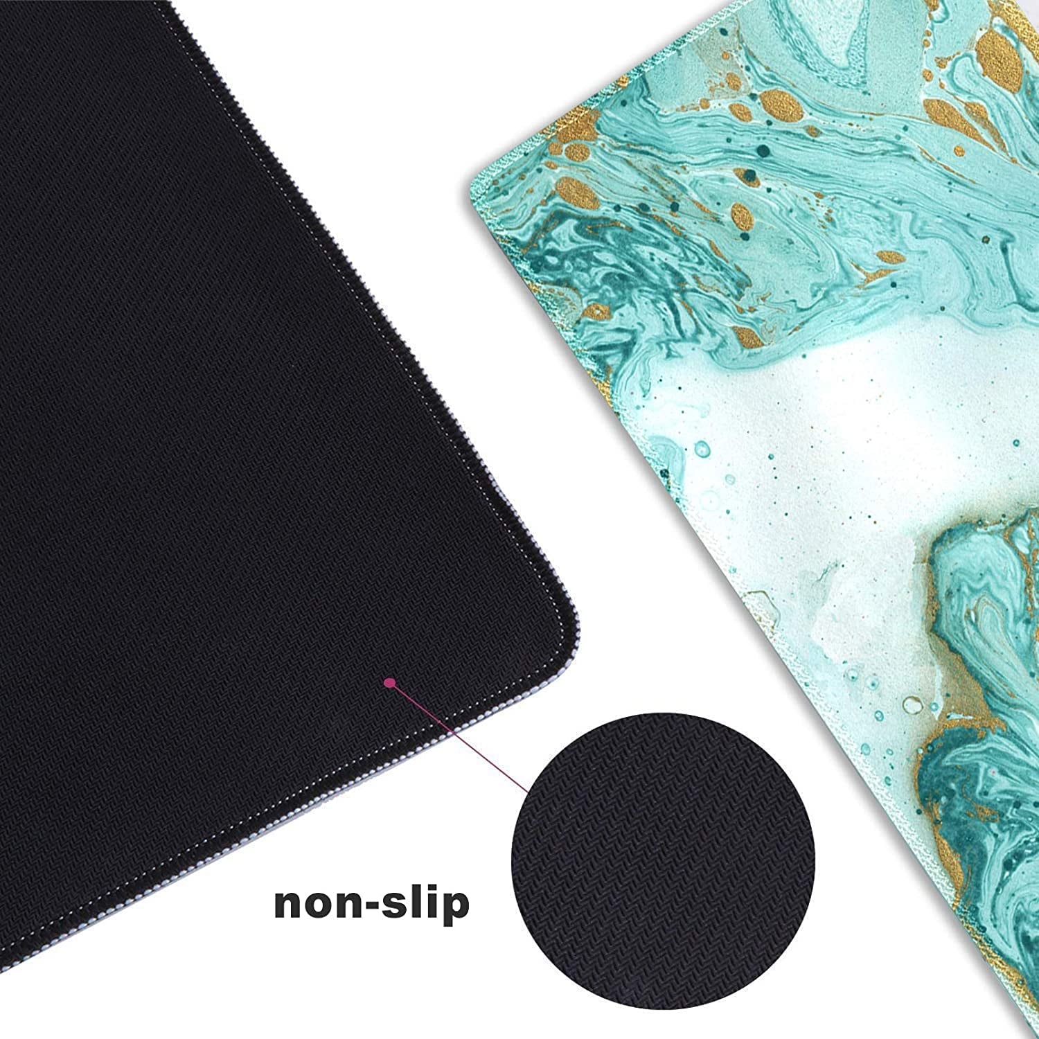 Extended Gaming Mouse Pad XXL  Large Keyboard Mat Long Mousepad Desk Decor Writing Pad Non Slip Rubber Base Stitched Edges for Work, Game, Office, Home, 35.1 X 15.7 In, Teal Turqoise Marble