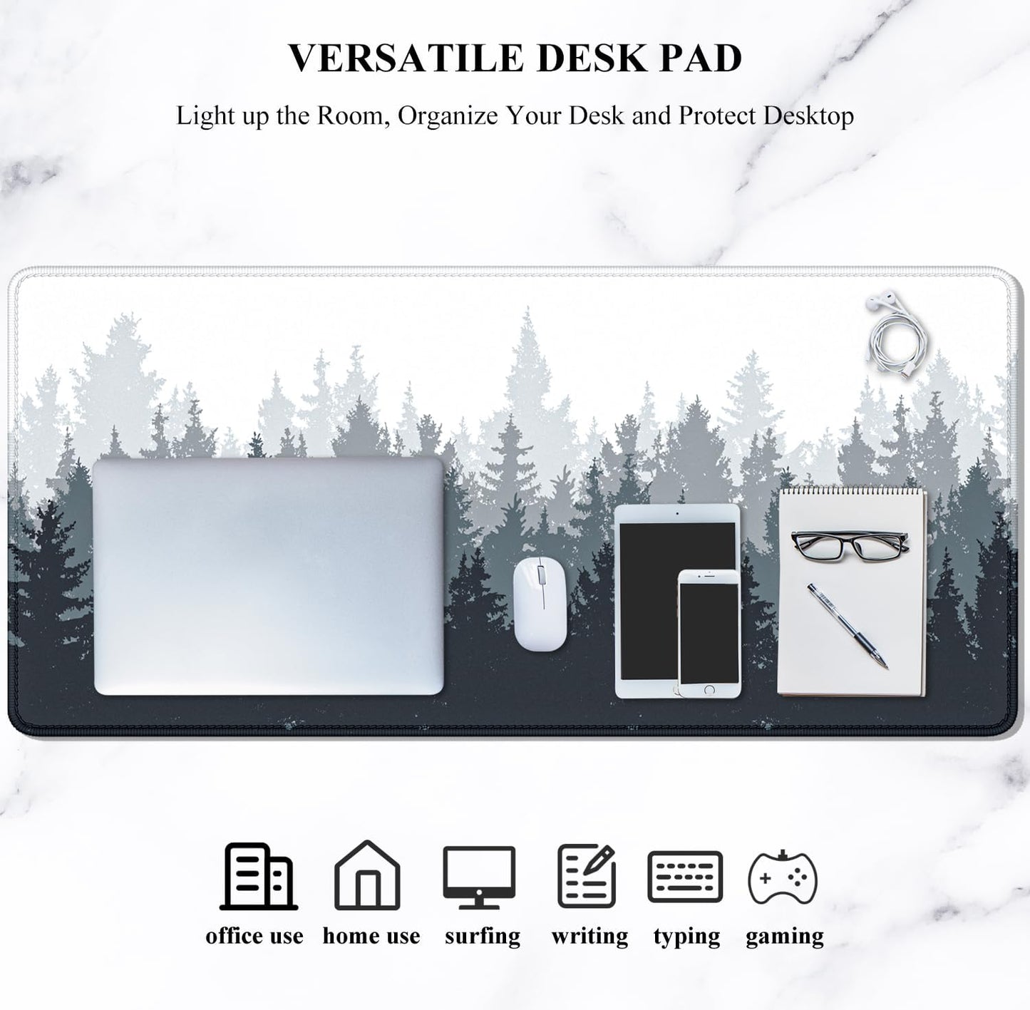 Large Mouse Pad, Full Desk XXL Extended Gaming Mouse Pad 35" X 15", Waterproof Desk Mat with Stitched Edge, Non-Slip Laptop Computer Keyboard Mousepad for Office & Home, Misty Forest Design