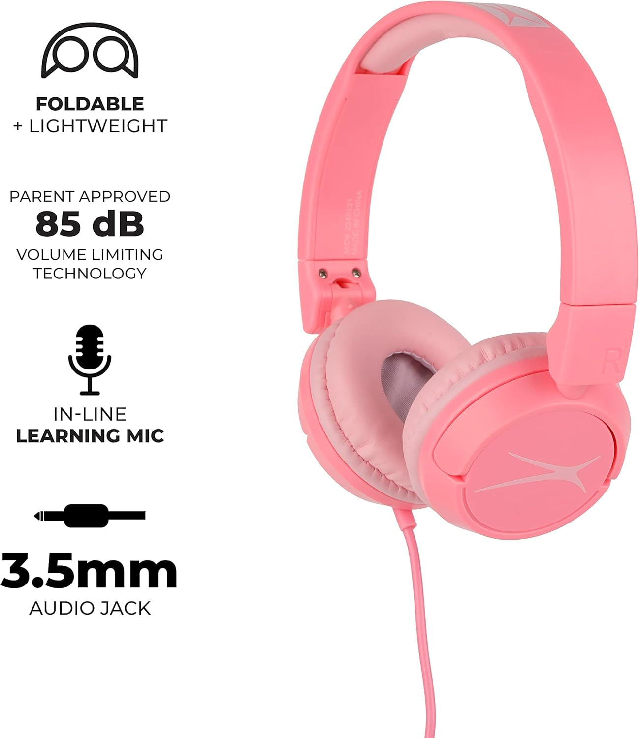 Kids Safe over the Ears Headphones, with Volume Limiting Technology for Developing Ears, for Ages 6-9 Years, Pink